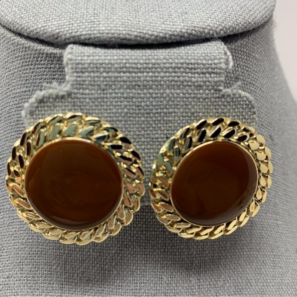 Rich Earth Brown Gold Tone Border Large Circle Stud Earrings